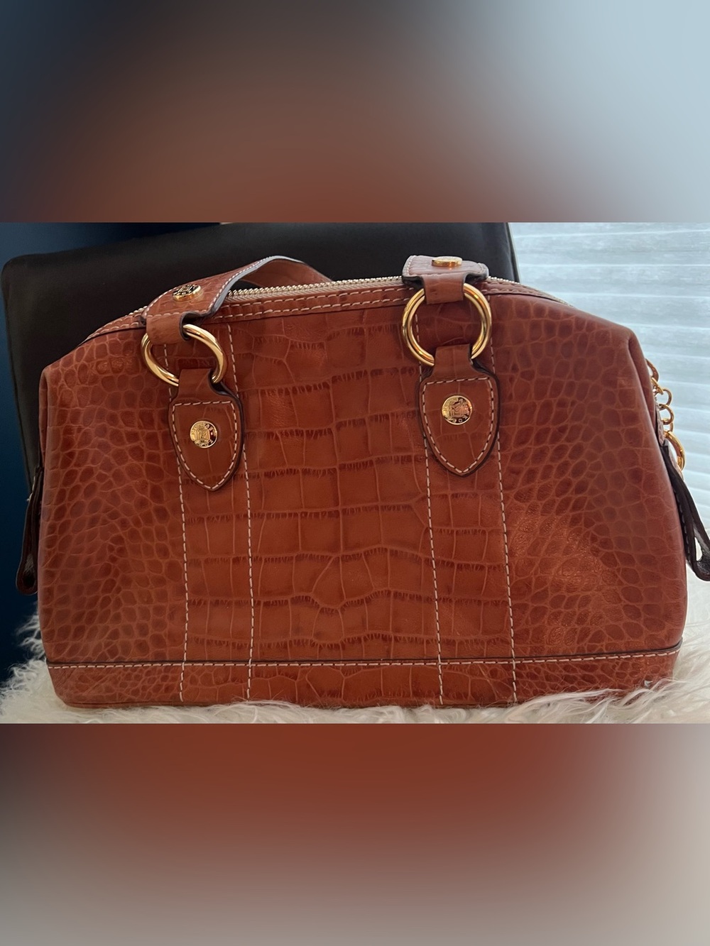 Michael Kors Croc-Embossed Satchel in Cognac Brown with Gold Hardware